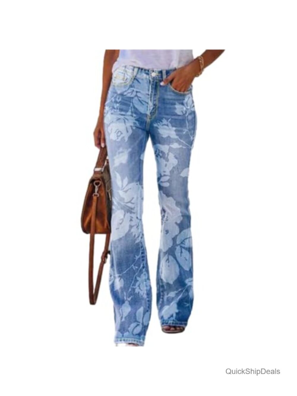 Women's Floral Embroidered Bootcut Flare Jeans Mid Rise Stretch Denim